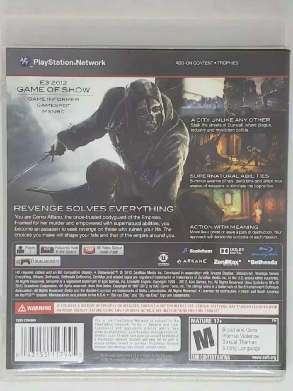 Dishonored (Sony PlayStation 3, 2012) PS3 Video Game